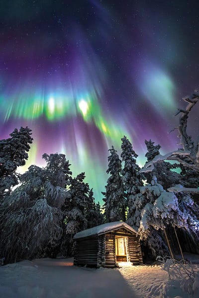 Alex G Perez: Lapland Northern Lights Frozen Arctic Landscape Cabin by Alex G Perez