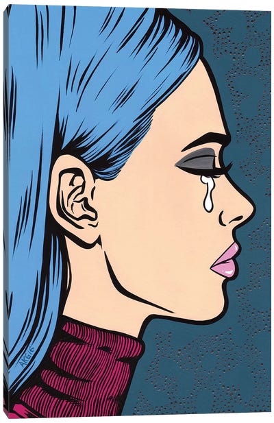Blue Turtleneck Sad Girl Canvas Art Print - Similar to Roy Lichtenstein