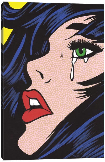Green Eyes Crying Girl Canvas Art Print - 3-Piece Pop Art