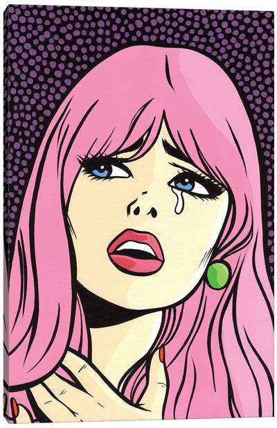 Pink Hair Crying Comic Girl Canvas Art Print - Similar to Roy Lichtenstein