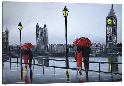 Red London Umbrellas Canvas Art Print - Aisha Haider