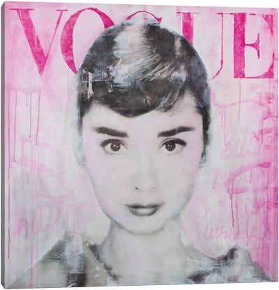 Audrey Hepburn Canvas Art Print - Gray & Pink Art