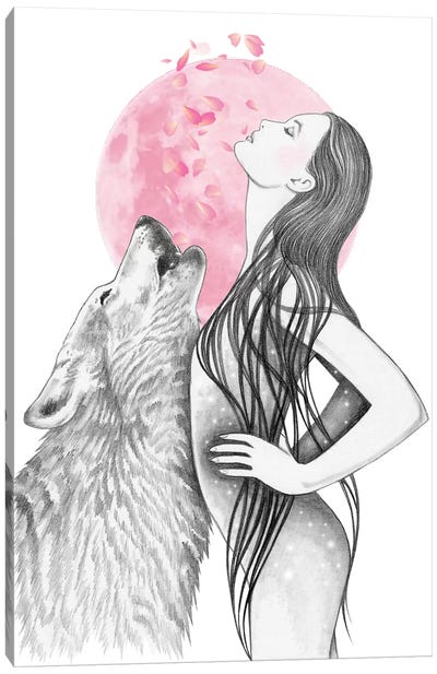 Pink Moon Canvas Art Print - Wolf Art