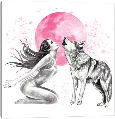 Pink Moon Magic Canvas Art Print - Wolf Art