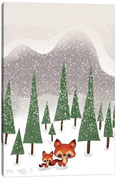 Little Foxes In The Field Canvas Art Print - Winter Wonderland