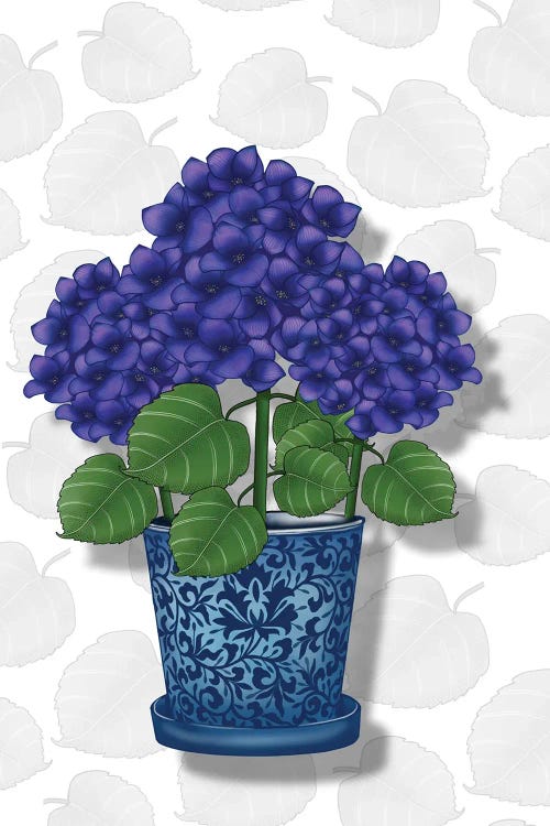 Blue Pot Purple Hydrangeas by Ann Hutchinson wall art