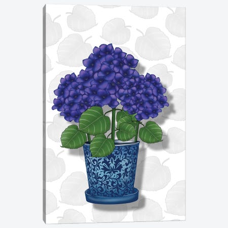 Blue Pot Purple Hydrangeas Canvas Print #AHT74} by Ann Hutchinson Canvas Art