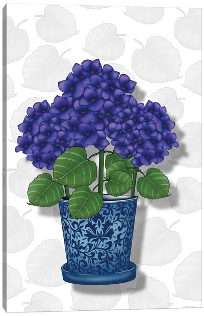 Blue Pot Purple Hydrangeas Canvas Art Print - Ann Hutchinson