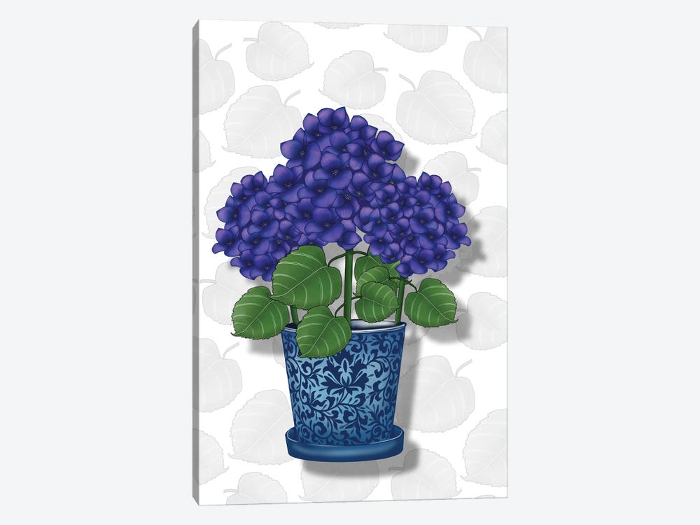 Blue Pot Purple Hydrangeas by Ann Hutchinson 1-piece Canvas Wall Art