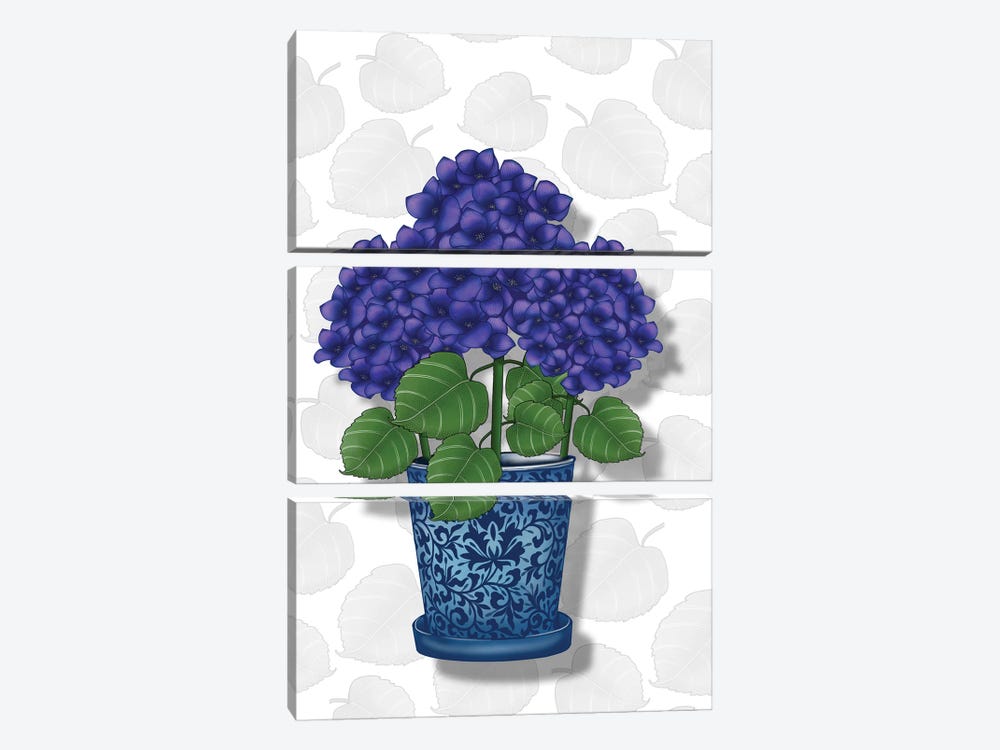 Blue Pot Purple Hydrangeas by Ann Hutchinson 3-piece Canvas Wall Art