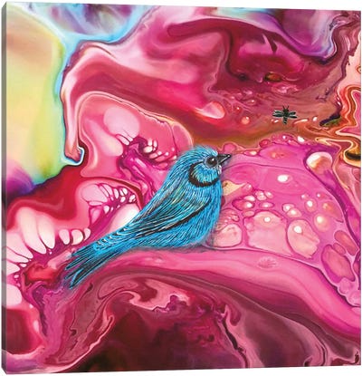 Blue Bird In The Pink Canvas Art Print - Pantone 2023 Viva Magenta