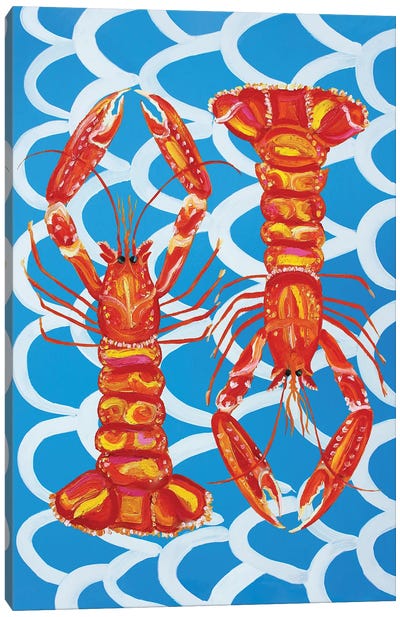 Langoustines On Blue Wavey Canvas Art Print - Seafood Art