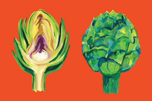 Alice Straker: Artichokes on Orange by Alice Straker