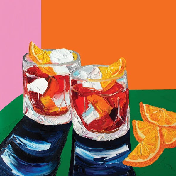 Liquor: Negronis On Pink Orange And Green by Alice Straker