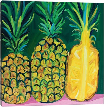 Juicy Pineapples On Pink And Green Canvas Art Print - Pineapple Art