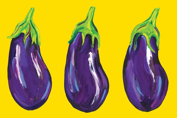 Pop Art Kitchen: Aubergines on Yellow by Alice Straker