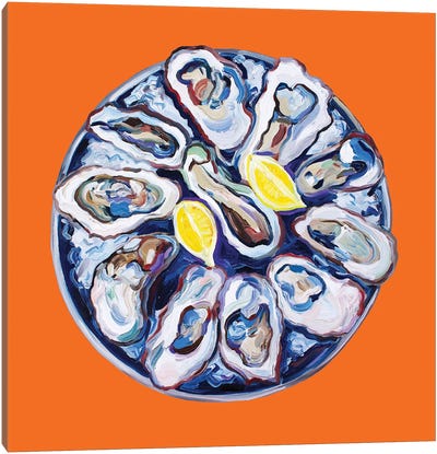 Oysters On A Plate Orange Canvas Art Print - Alice Straker