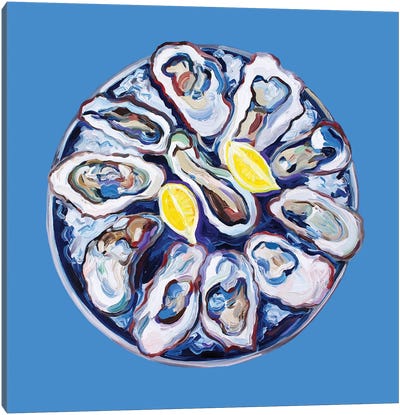 Oysters On A Plate Blue Canvas Art Print - Alice Straker