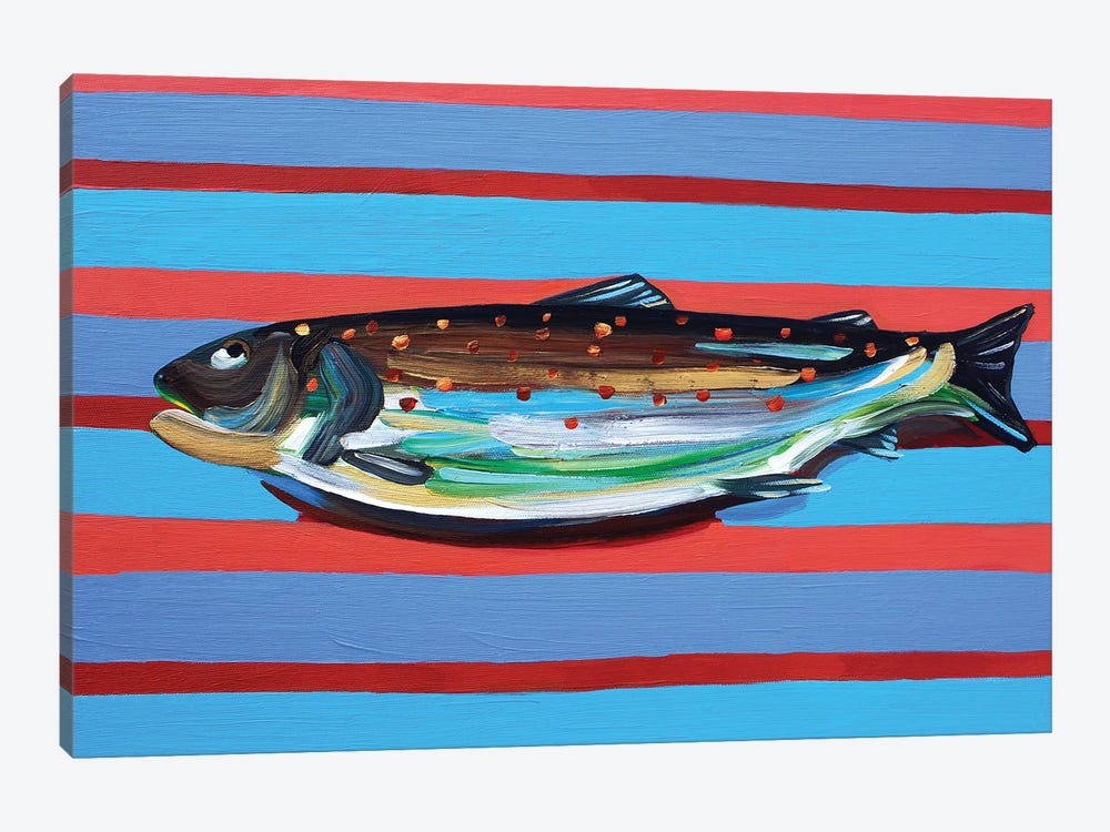 Brown Trout on Blue and Maroon Stripey by Alice Straker 1-piece Canvas Art
