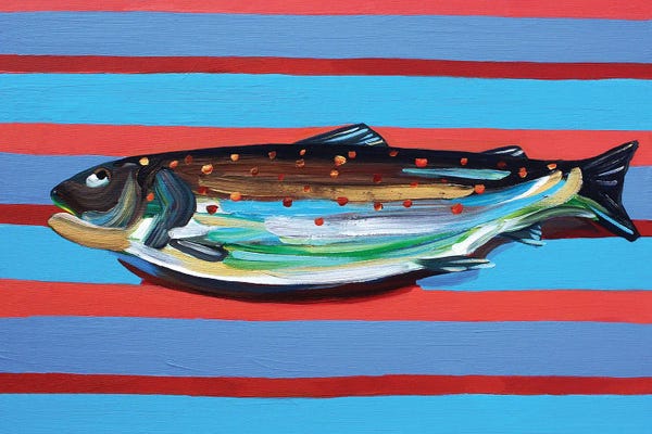 Preppy Pop Art: Brown Trout on Blue and Maroon Stripey by Alice Straker