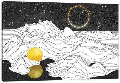 Mono Two Moons Canvas Art Print - Black, White & Gold Art