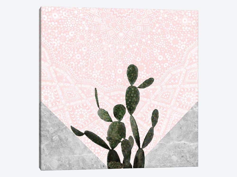 Cactus on Concrete and Pink Persian Mosaic Mandala by amini54 1-piece Canvas Art Print