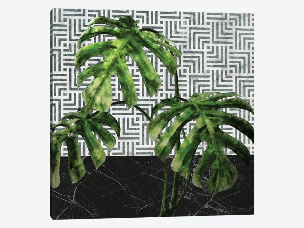 Monstera Leaves on Black Marble and Tiles by amini54 1-piece Canvas Wall Art