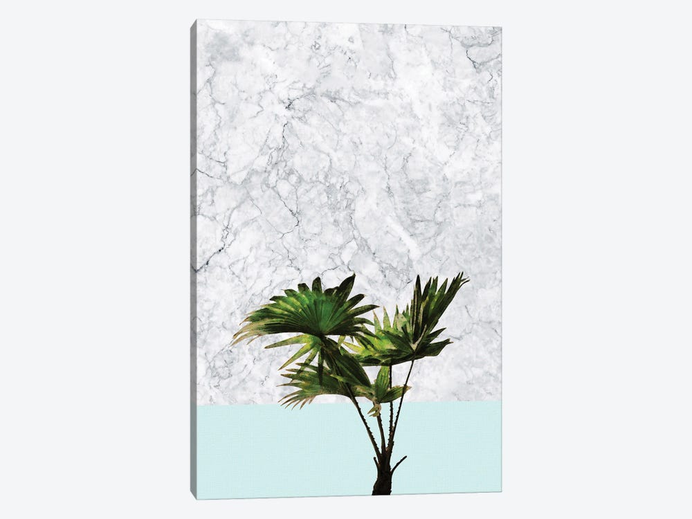 Palm Plant on Marble and Pastel Blue by amini54 1-piece Canvas Artwork