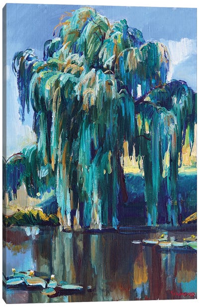 Landscape With Willow Over The Lake Canvas Art Print - Willow Trees