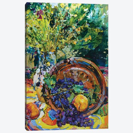 Sunny Still Life With Peach And Wildflowers Canvas Print #AIK35} by Andrii Kutsachenko Canvas Artwork