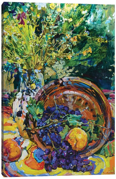 Sunny Still Life With Peach And Wildflowers Canvas Art Print - Andrii Kutsachenko
