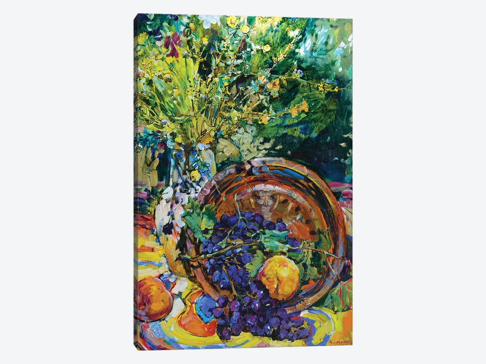 Sunny Still Life With Peach And Wildflowers by Andrii Kutsachenko 1-piece Canvas Wall Art