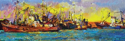 Yachts And Ships At Sunrise by Andrii Kutsachenko multi panel art