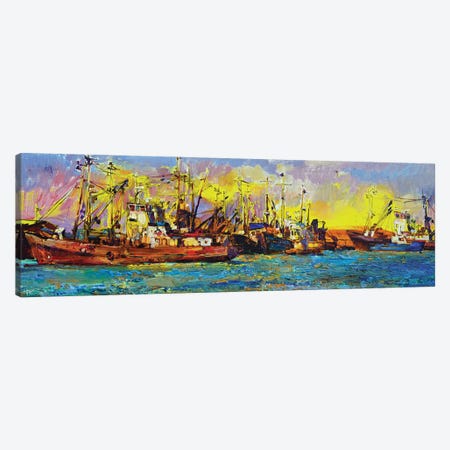 Yachts And Ships At Sunrise Canvas Print #AIK53} by Andrii Kutsachenko Art Print