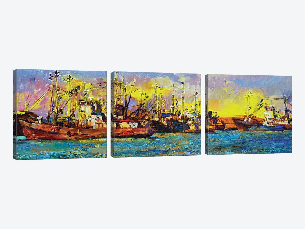 Yachts And Ships At Sunrise by Andrii Kutsachenko 3-piece Canvas Artwork