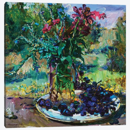Still Life With Flowers And Grapes Canvas Print #AIK5} by Andrii Kutsachenko Canvas Art Print