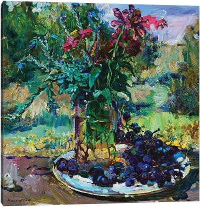 Still Life With Flowers And Grapes Canvas Art Print - Andrii Kutsachenko