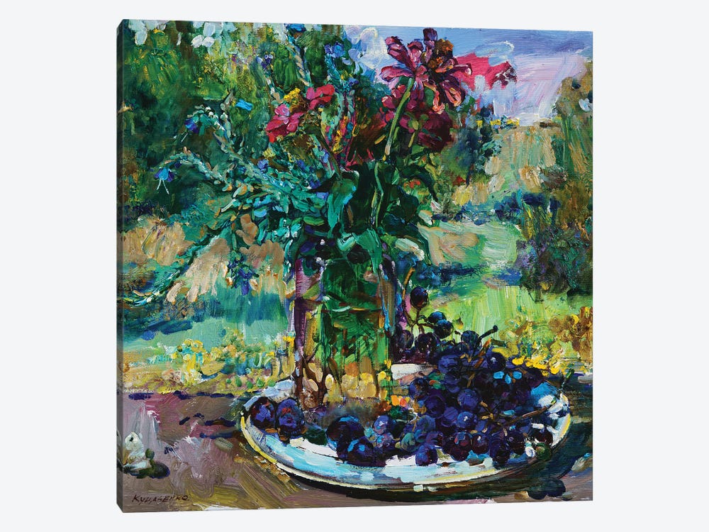 Still Life With Flowers And Grapes by Andrii Kutsachenko 1-piece Art Print