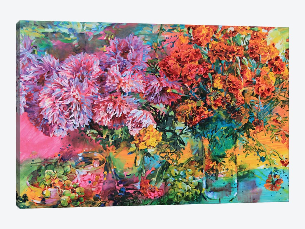 Chrysanthemums And Marigolds, Autumn Bouquet by Andrii Kutsachenko 1-piece Art Print
