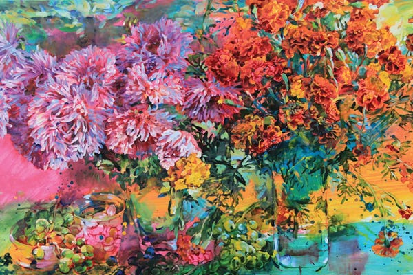 Marigolds: Chrysanthemums And Marigolds, Autumn Bouquet by Andrii Kutsachenko