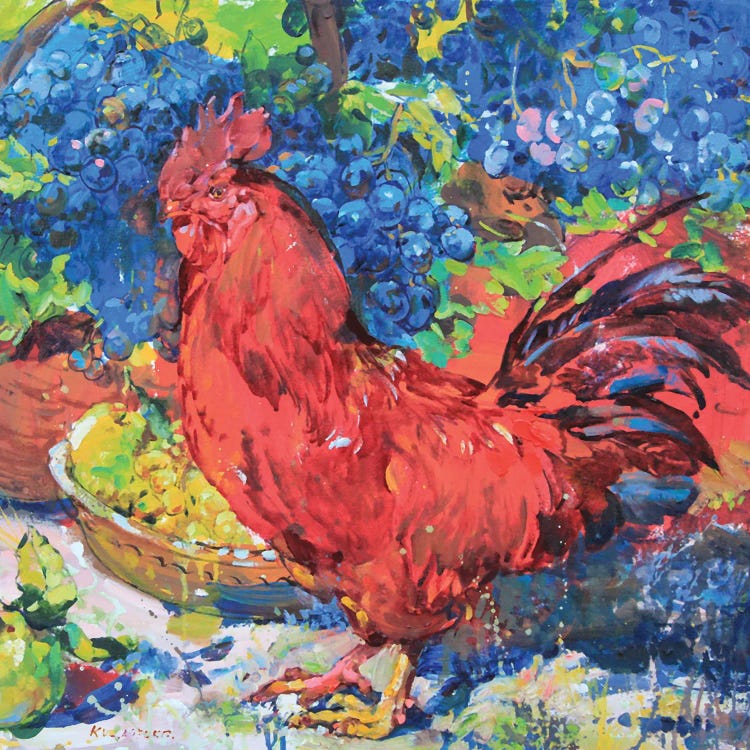 Rooster On The Background Of Grapes