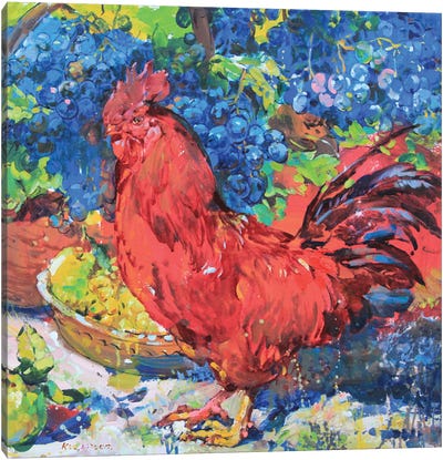 Rooster On The Background Of Grapes Canvas Art Print - Grape Art