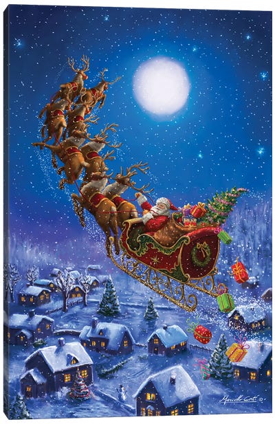 Santa Flying Canvas Art Print - Reindeer Art