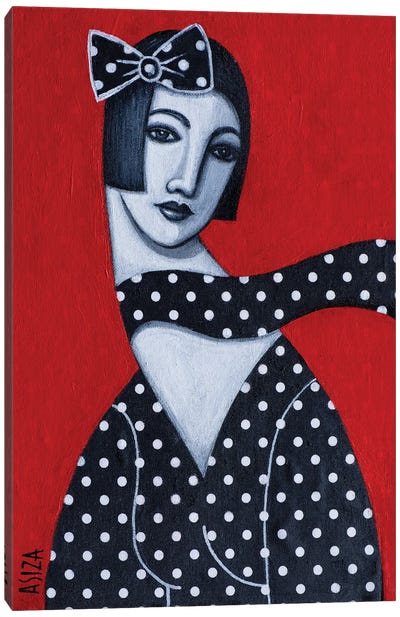 Girl In Polkadot Dress Canvas Art Print - Black, White & Red Art