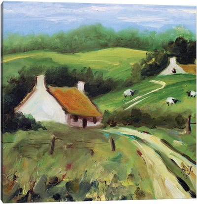 Landscape With Sheep Canvas Art Print - Celery