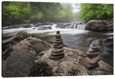 Cascading Mountain Stream And Rock Cairns, Great Smoky Mountains National Park, Tennessee, North Carolina Canvas Art Print - Great Smoky Mountains National Park Art