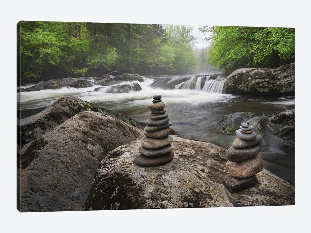 Cascading Mountain Stream And Rock Cairns, Great Smoky Mountains National Park, Tennessee, North Carolina by Adam Jones 1-piece Canvas Print