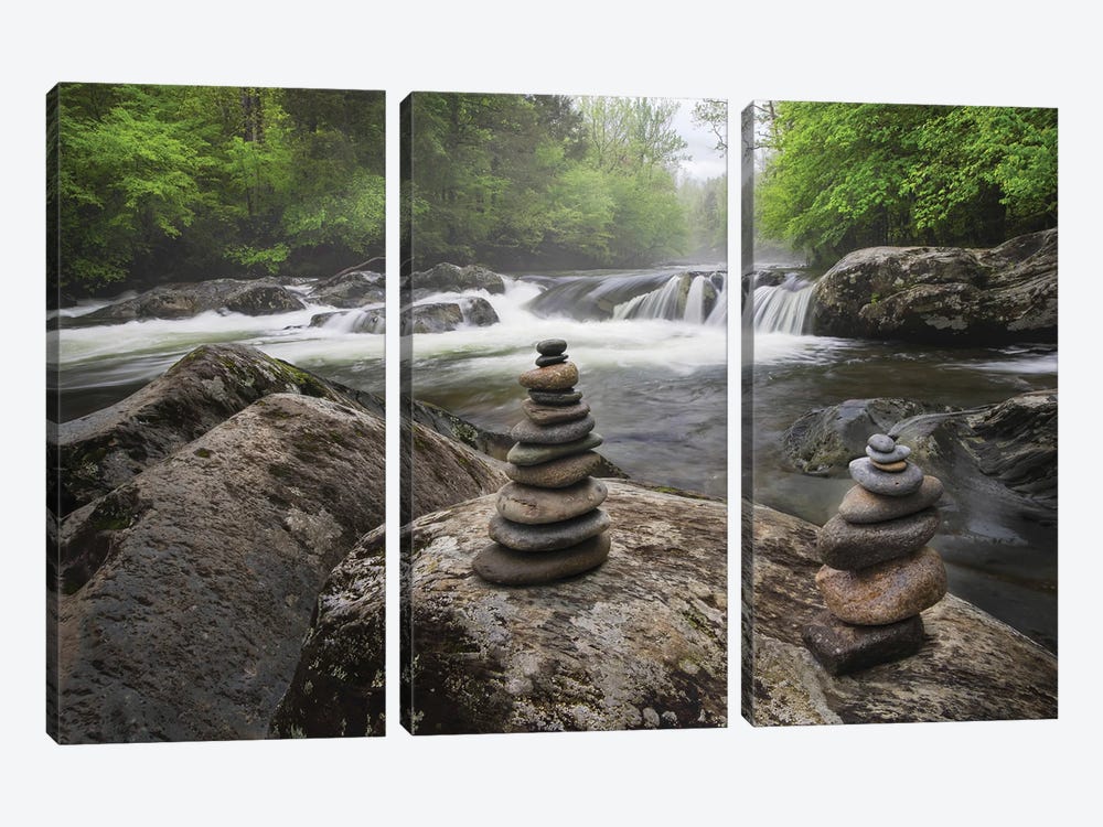 Cascading Mountain Stream And Rock Cairns, Great Smoky Mountains National Park, Tennessee, North Carolina by Adam Jones 3-piece Canvas Print