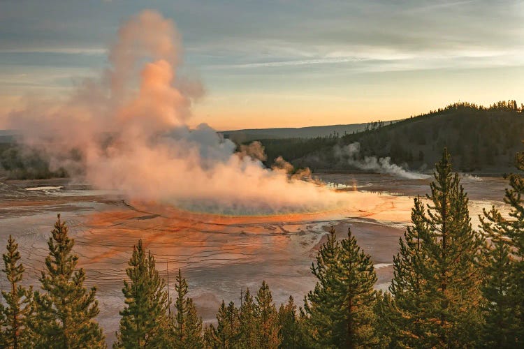 Elevated Sunrise View Of Grand Prismatic Spring And Colorful Bacterial Mat, Yellowstone National Park, Wyoming