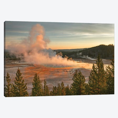 Elevated Sunrise View Of Grand Prismatic Spring And Colorful Bacterial Mat, Yellowstone National Park, Wyoming Canvas Print #AJO142} by Adam Jones Canvas Wall Art